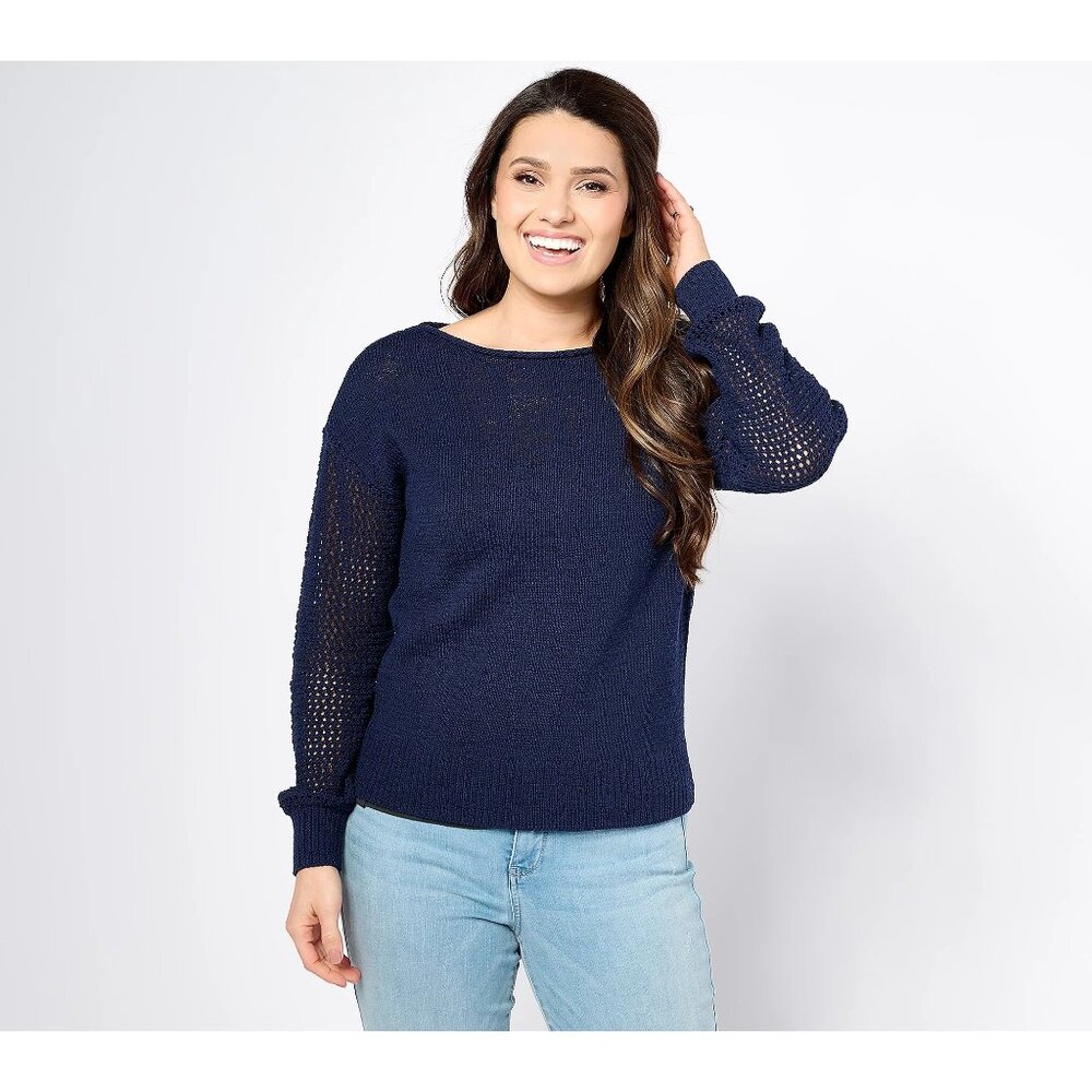 Destination 365 Boatneck Drop Shoulder Open Work Sweater Small Navy Nautical NEW